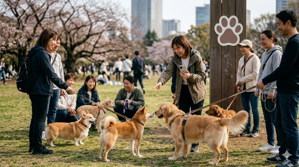 桜の公園でワンちゃん同伴の人たちが集まって交流している様子