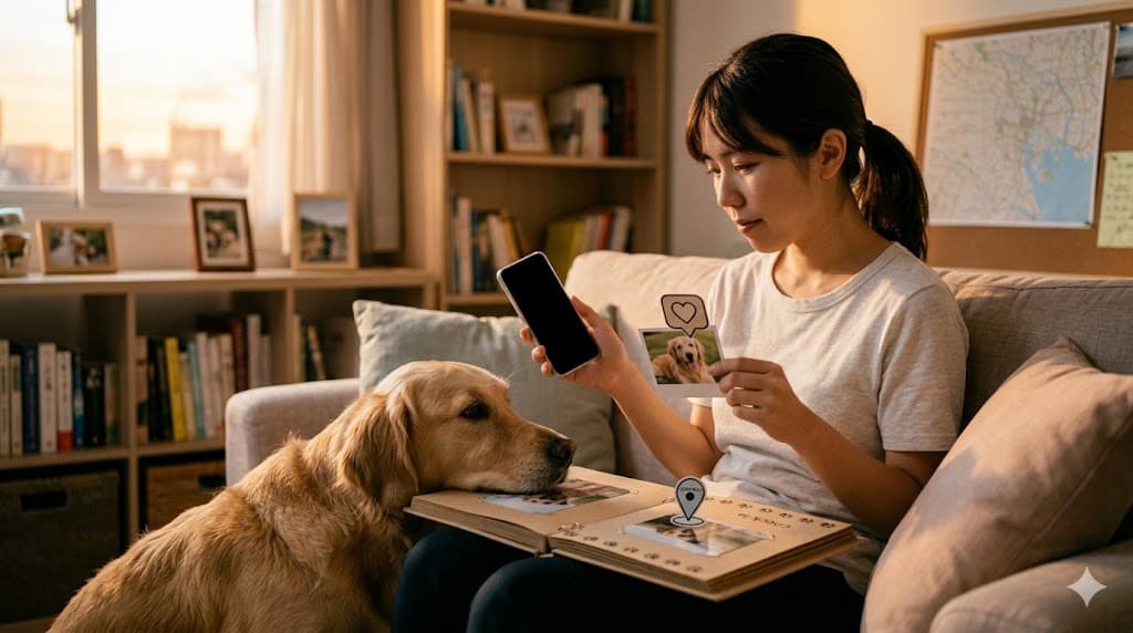 自宅のソファで愛犬と一緒に写真アルバムとスマートフォンを見る女性