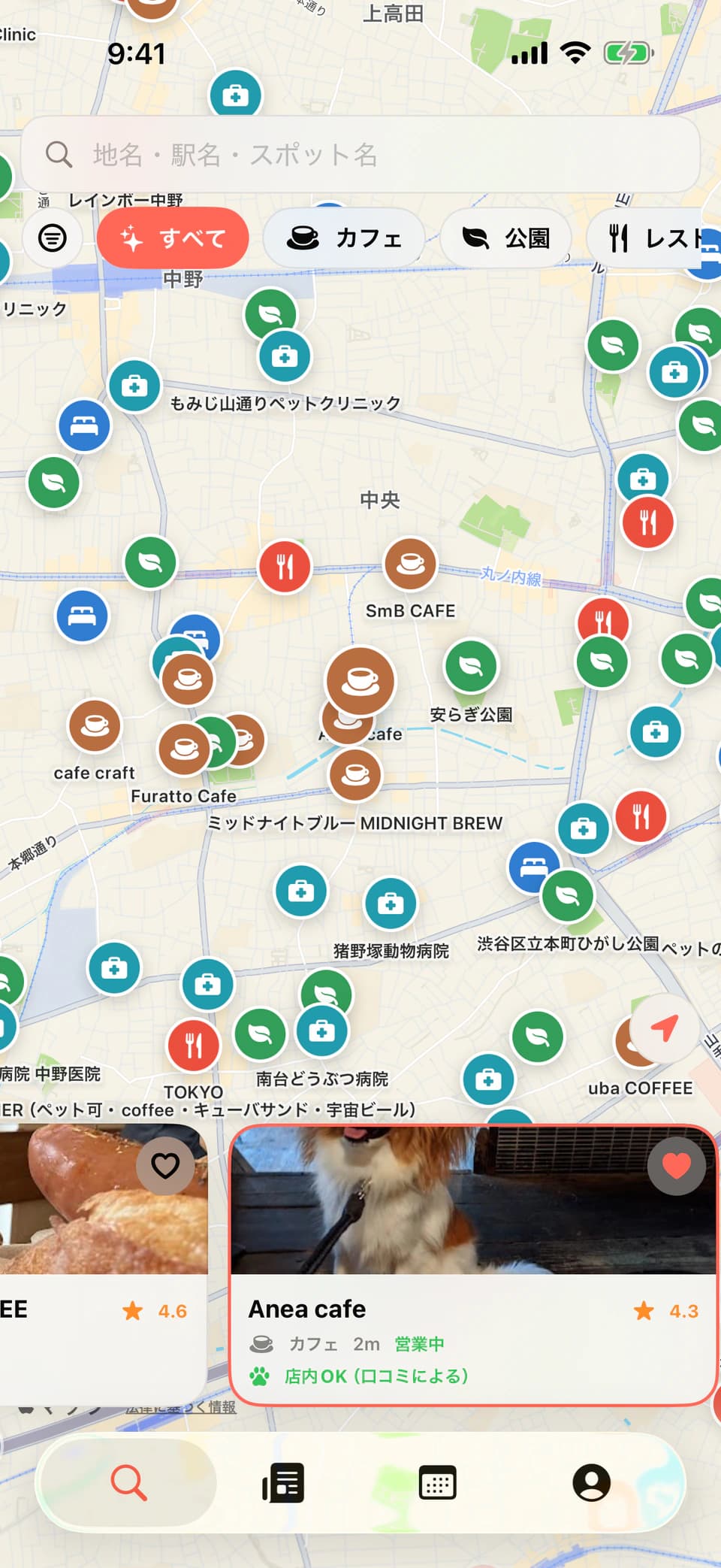 現在地から愛犬と行けるスポットを探す地図画面